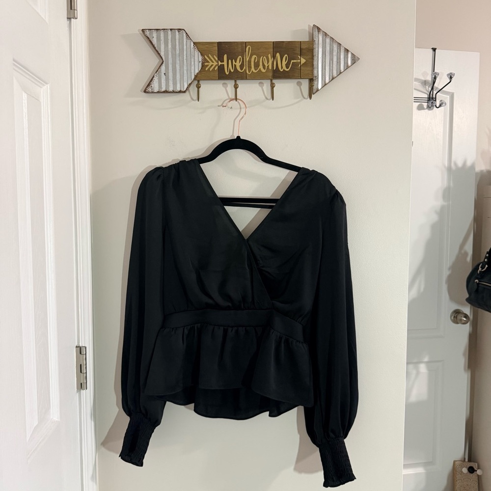 Express Black V-Neck Peplum Blouse with Bishop Sleeves and Cut out back Size S